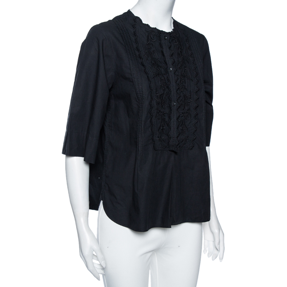 

Isabel Marant Etoile Black Cotton Pintuck Embroidered Detail Blouse