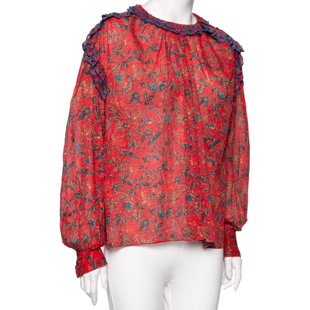 

Isabel Marant Red Printed Cotton Ruffle Trim Detailed Blouse