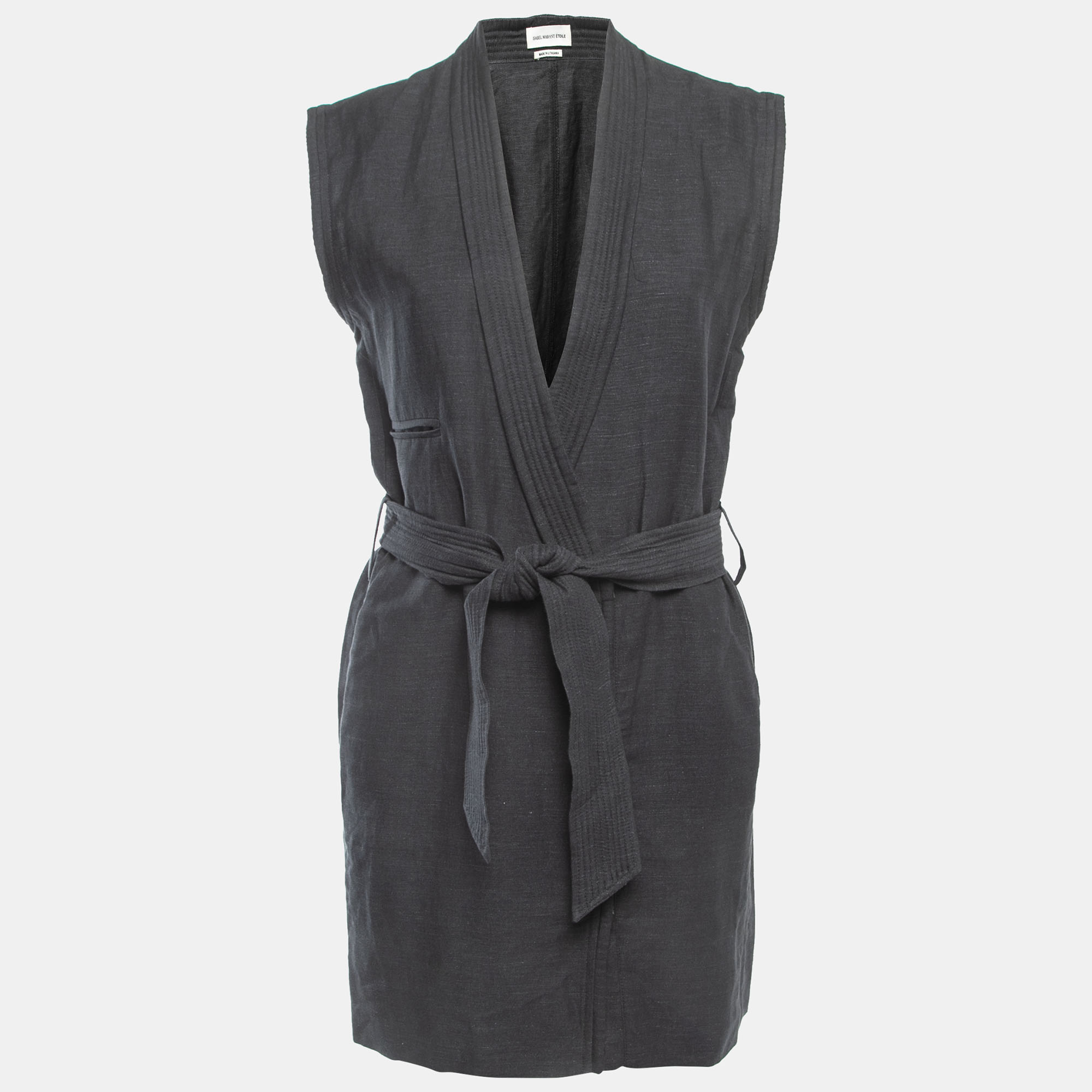 

Isabel Marant Etoile Black Grey Linen Belted Sleeveless Mini Dress XS