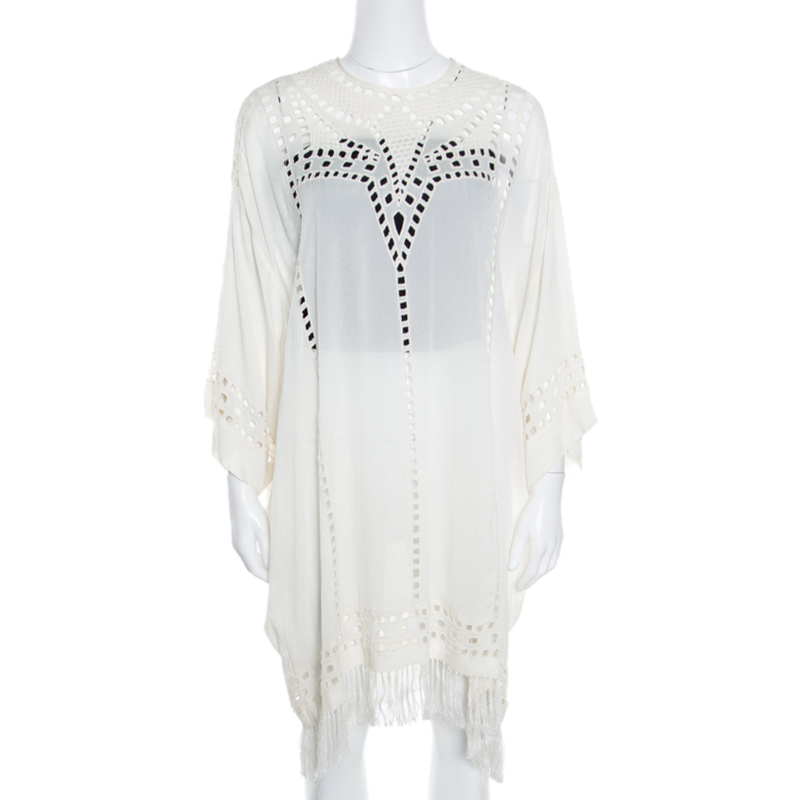 Pre Owned Isabel Marant Etoile Cream Cutout Embroidered Detail Fringed Enery Dress S