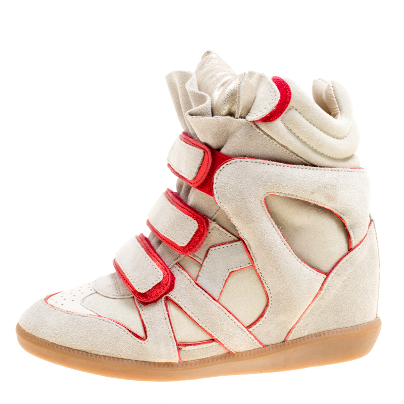 

Isabel Marant Grey Suede with Metalllic Red Leather Trim Bekett Wedge Sneakers Size