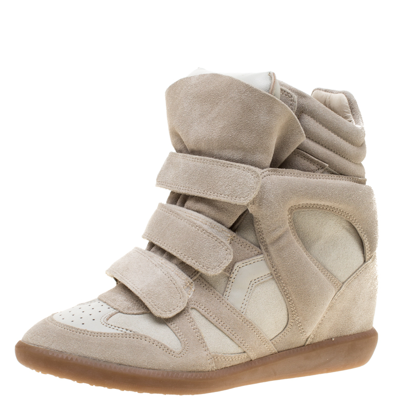 Isabel Marant Beige Suede And Leather Bekett Wedge Sneakers Size 41