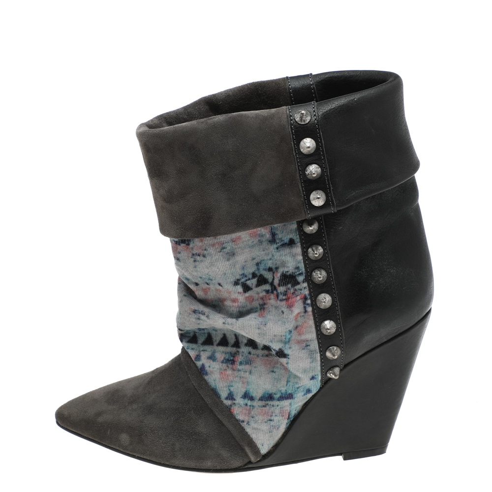 

Isabel Marant Multicolor Suede And Leather Printed Corduroy Kate Wedge Ankle Boots Size