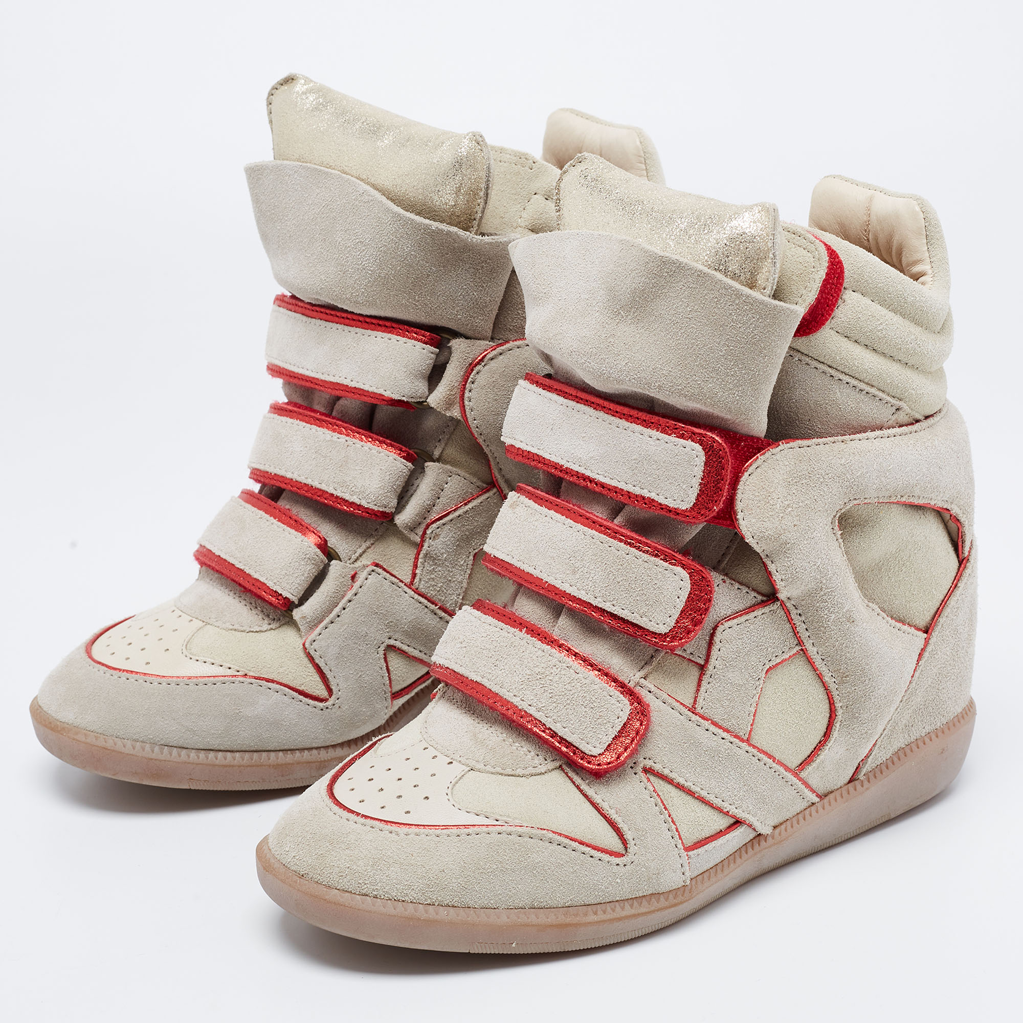 

Isabel Marant Grey/Metallic Red Suede and Leather Bekett Wedge Sneakers Size