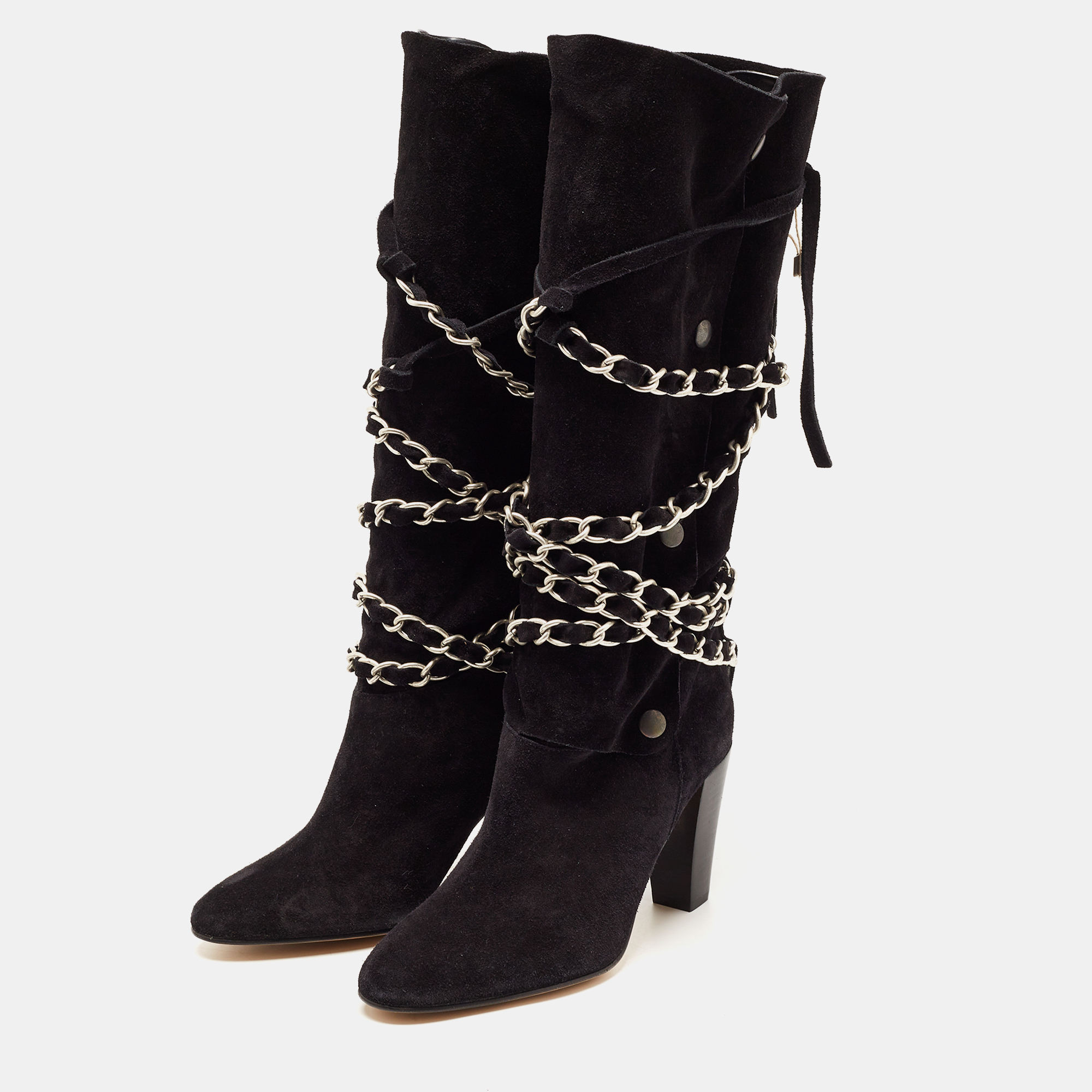 

Isabel Marant Black Suede Chain Details Mid Calf Boots Size