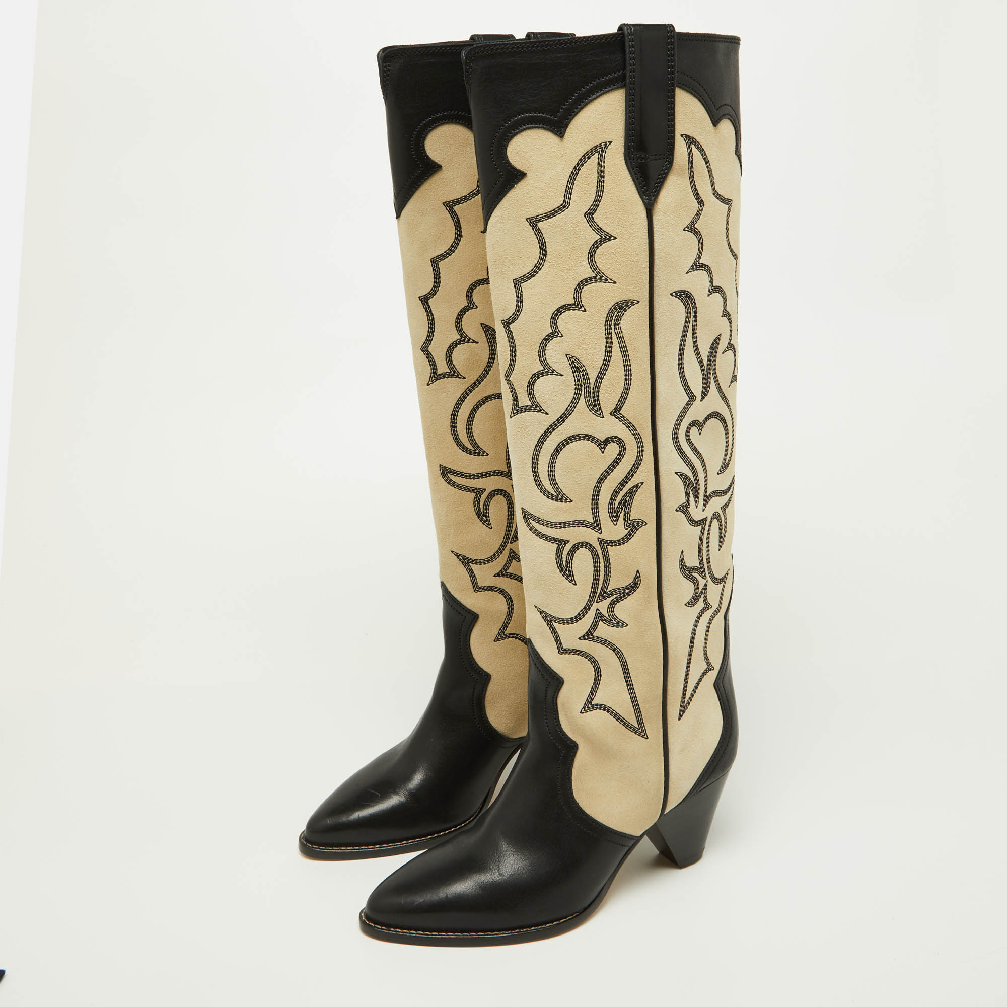 

Isabel Marant Beige/Black Suede and Leather Knee Length Boots Size