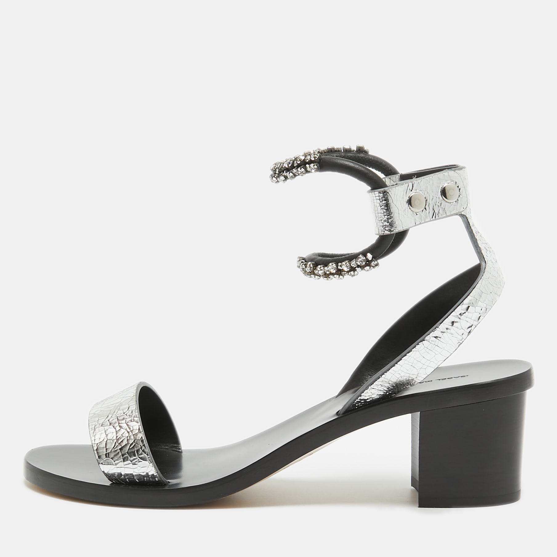Pre-owned Isabel Marant Silver/black Crackled Laminated Leather Ankle Strap Sandals Size 39