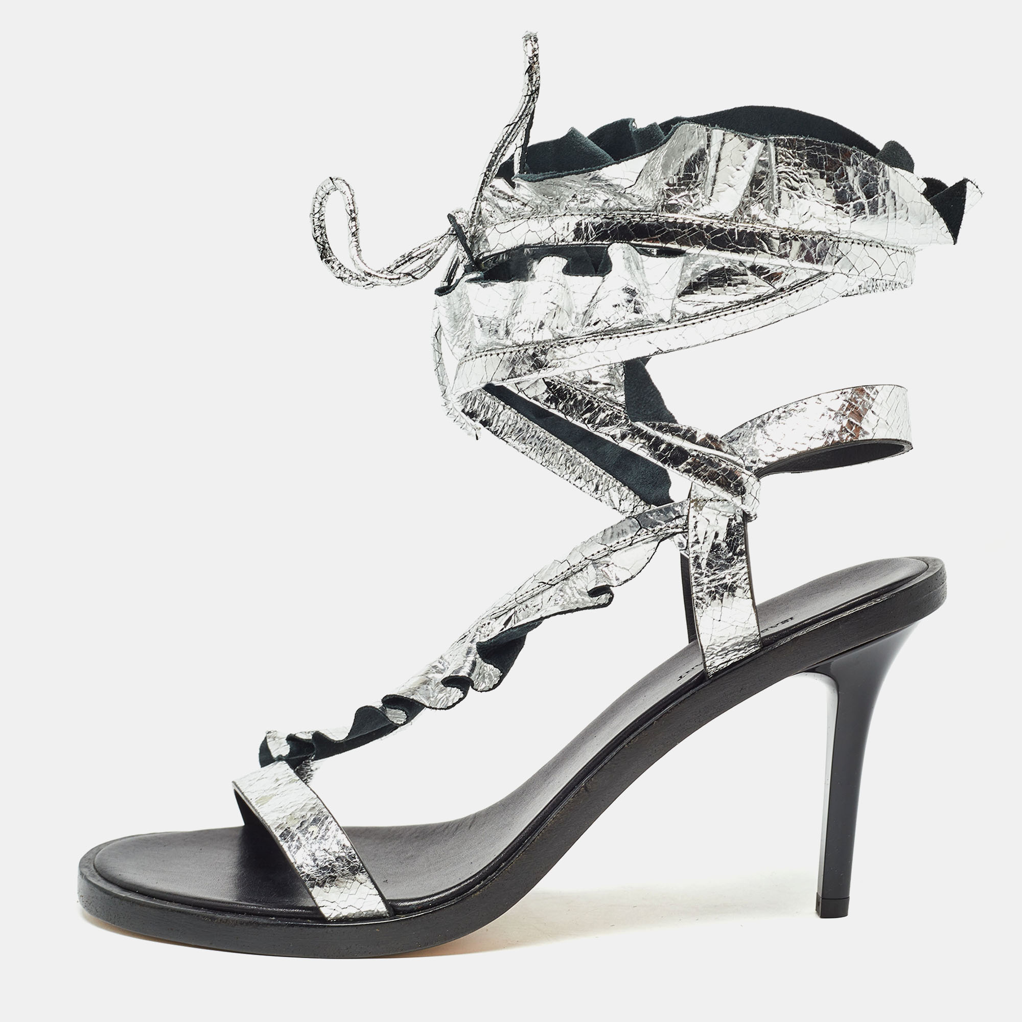 Pre-owned Isabel Marant Silver Texture Leather Aseta Ankle Strap Sandals Size 39