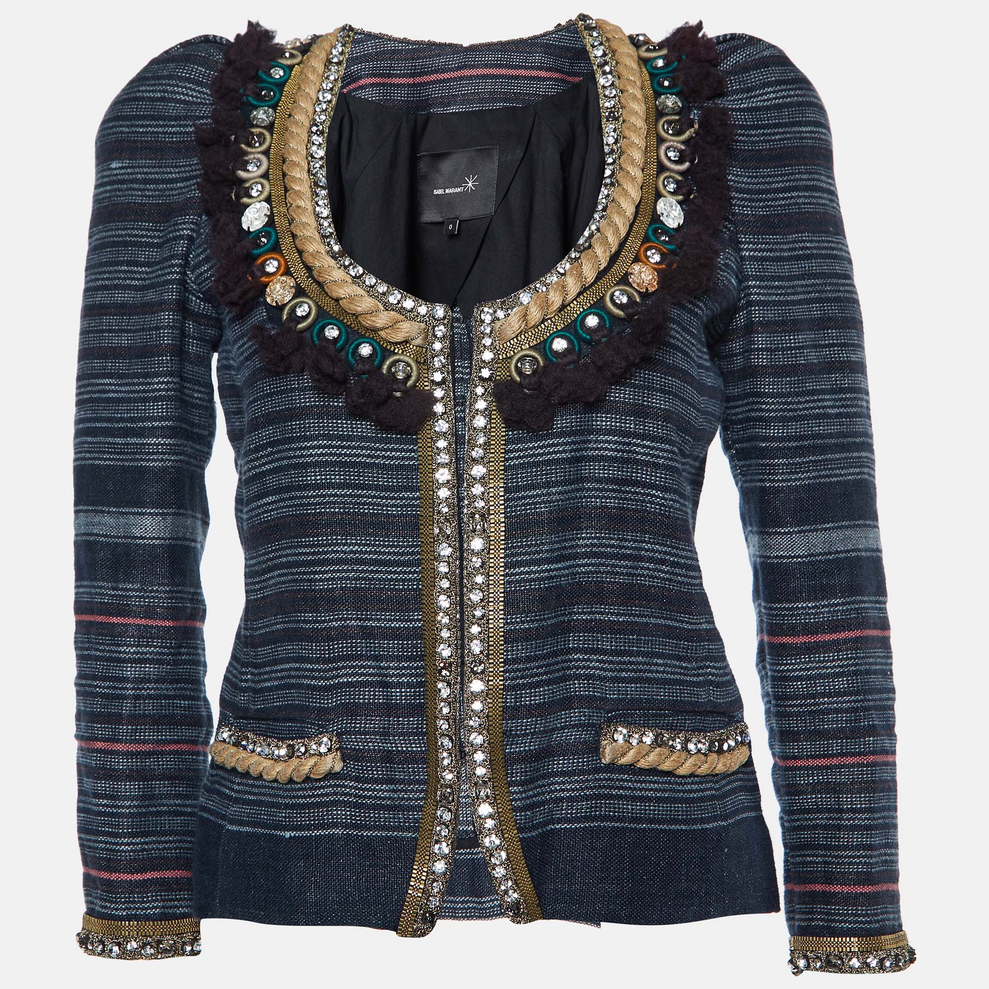 

Isabel Marant Grey Striped Linen Crystal Embellished Jacket XS