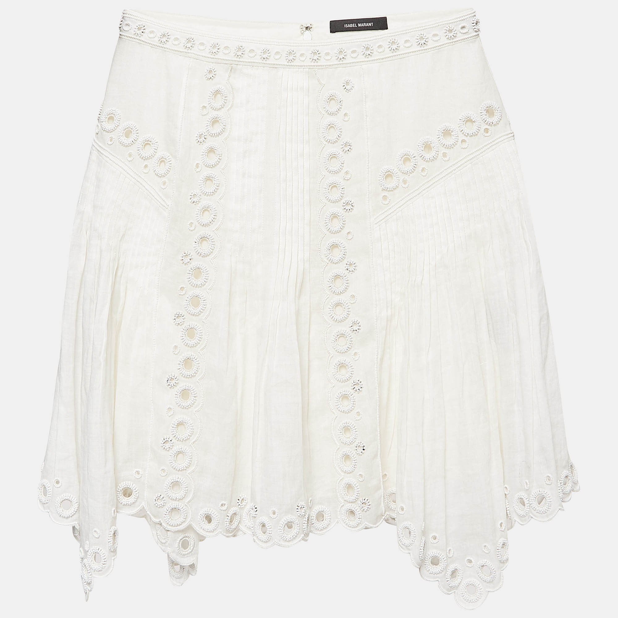 

Isabel Marant White Embroidered & Pleated Ramie Mini Skirt S