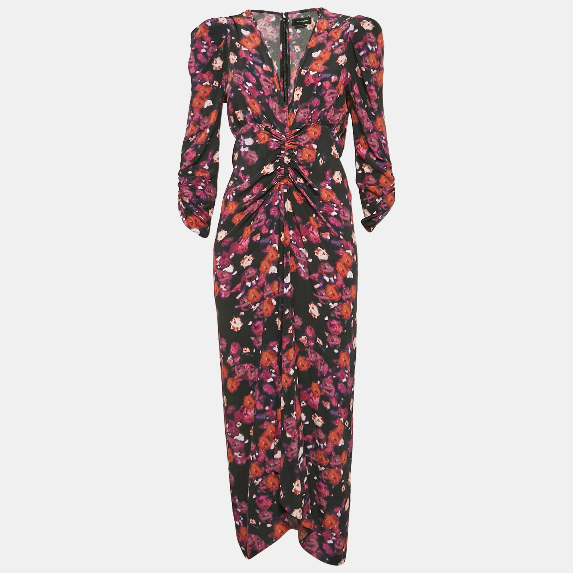 Pre-owned Isabel Marant Black Floral Print Midi Ruched Midi Dress M