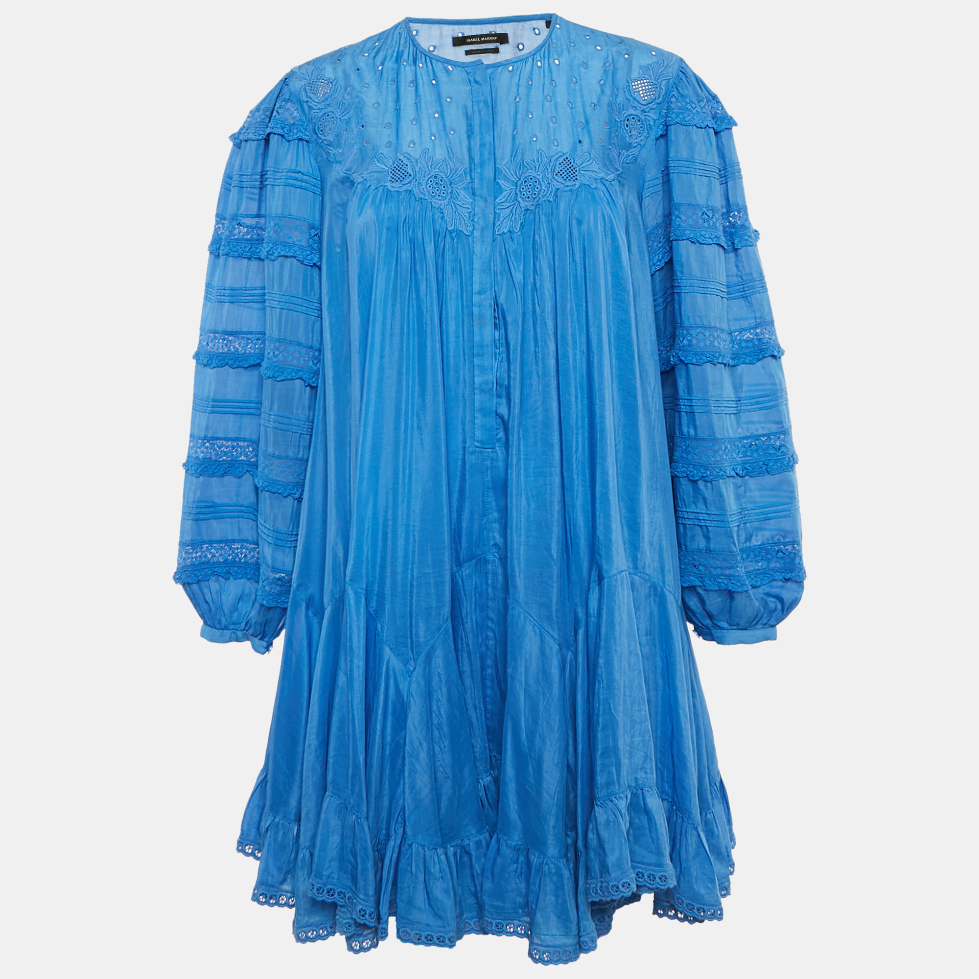 

Isabel Marant Blue Embroidered Viscose Lace Trimmed Mini Gyliane Dress S