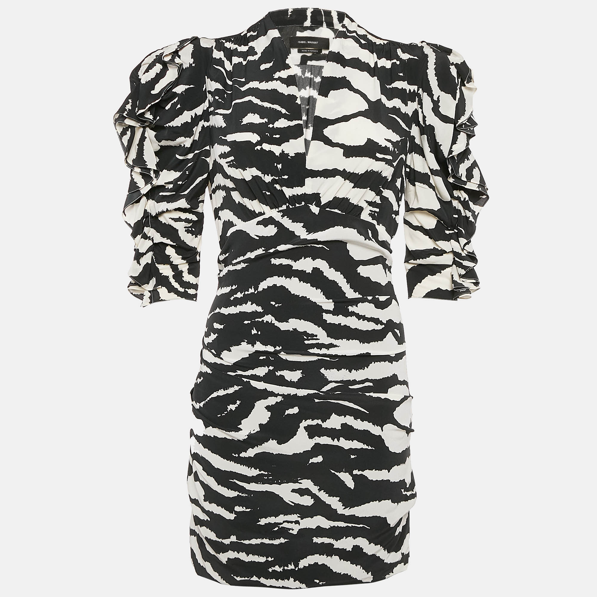 

Isabel Marant Black Zebra Print Silk Ruffled Mini Dress S