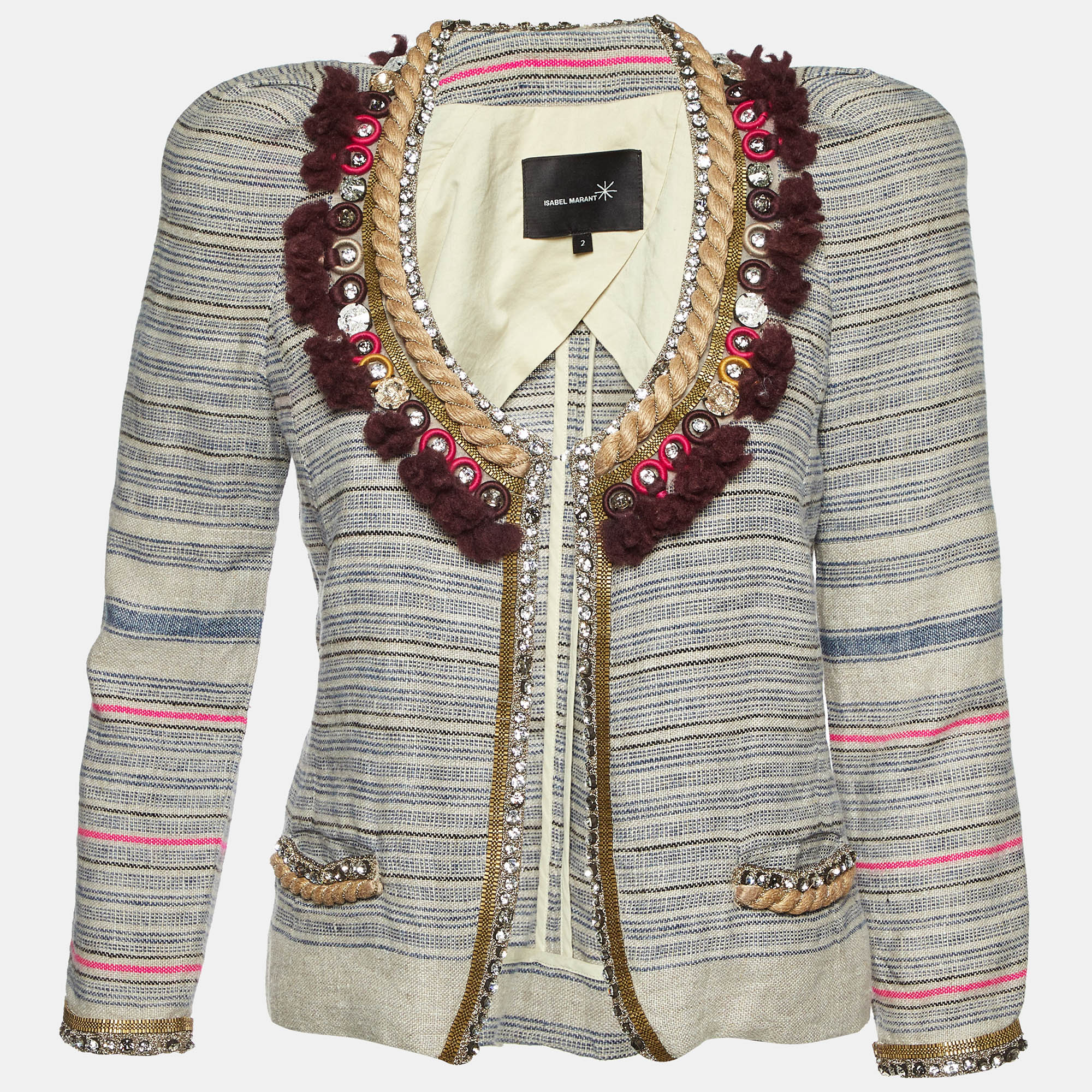 

Isabel Marant Grey Striped Linen Crystal Embellishment Jacket M