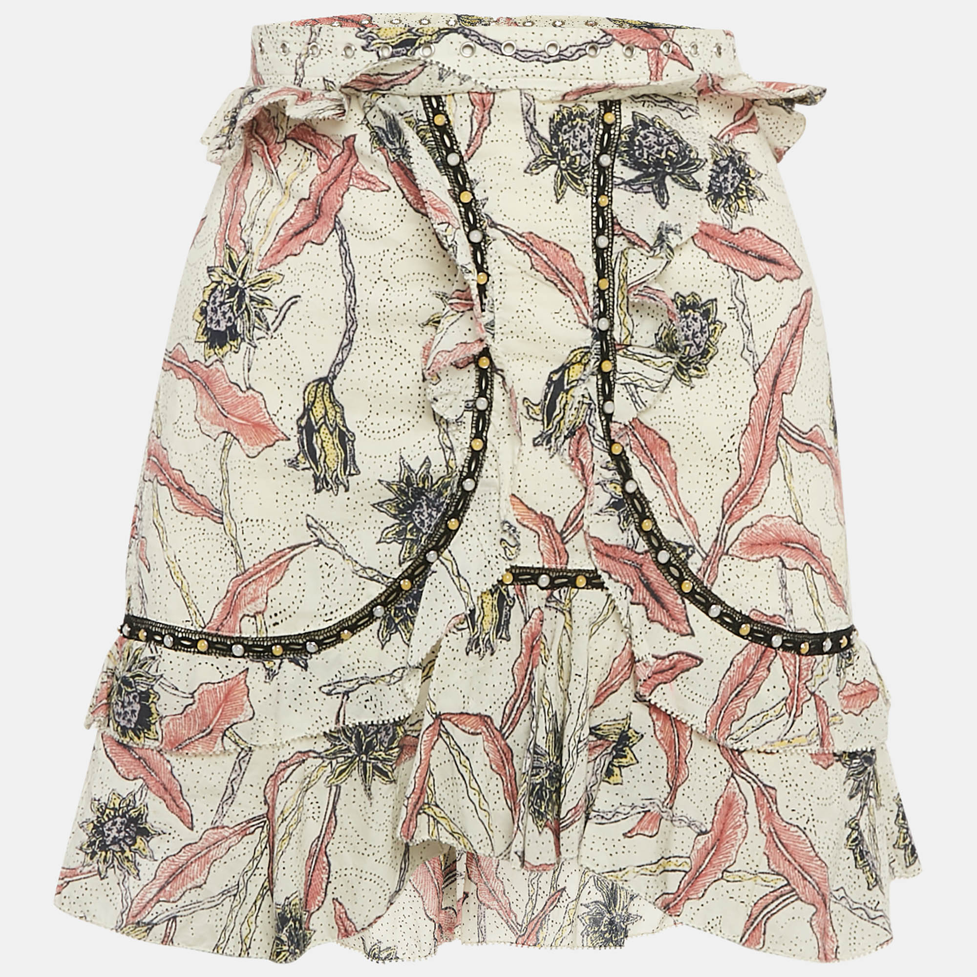 

Isabel Marant Off White Leaf Print Cotton Ruffled Mini Skirt S, Cream