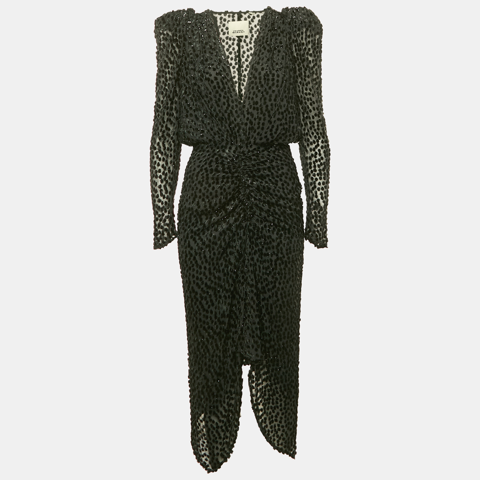 Pre-owned Isabel Marant Black Flocked Chiffon Ruche Asymmetric Midi Dress M