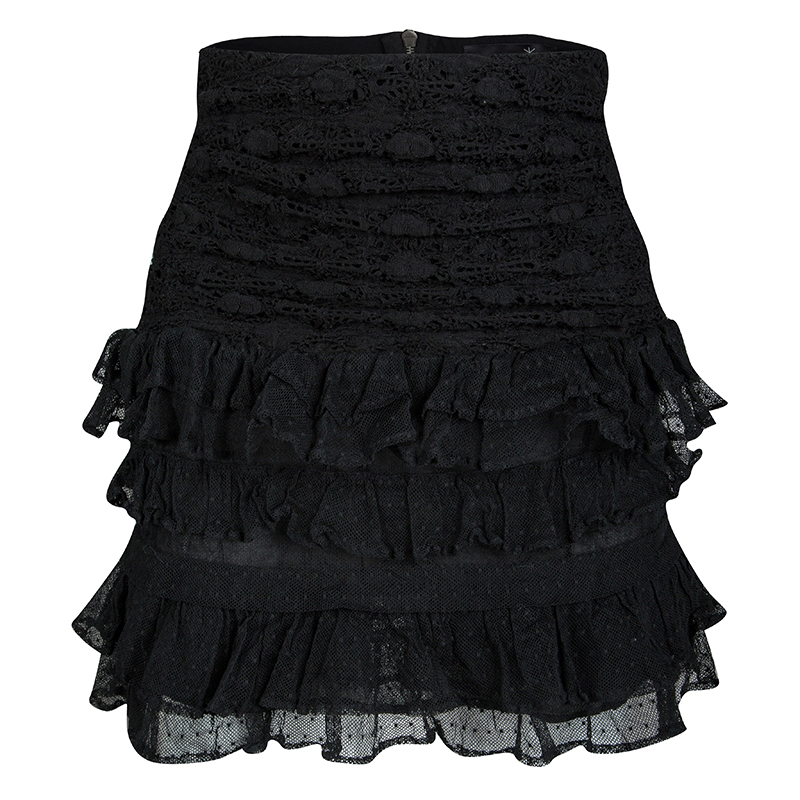 Pre Owned Isabel Marant Black Ruched Tiered Lace Mini Skirt XS