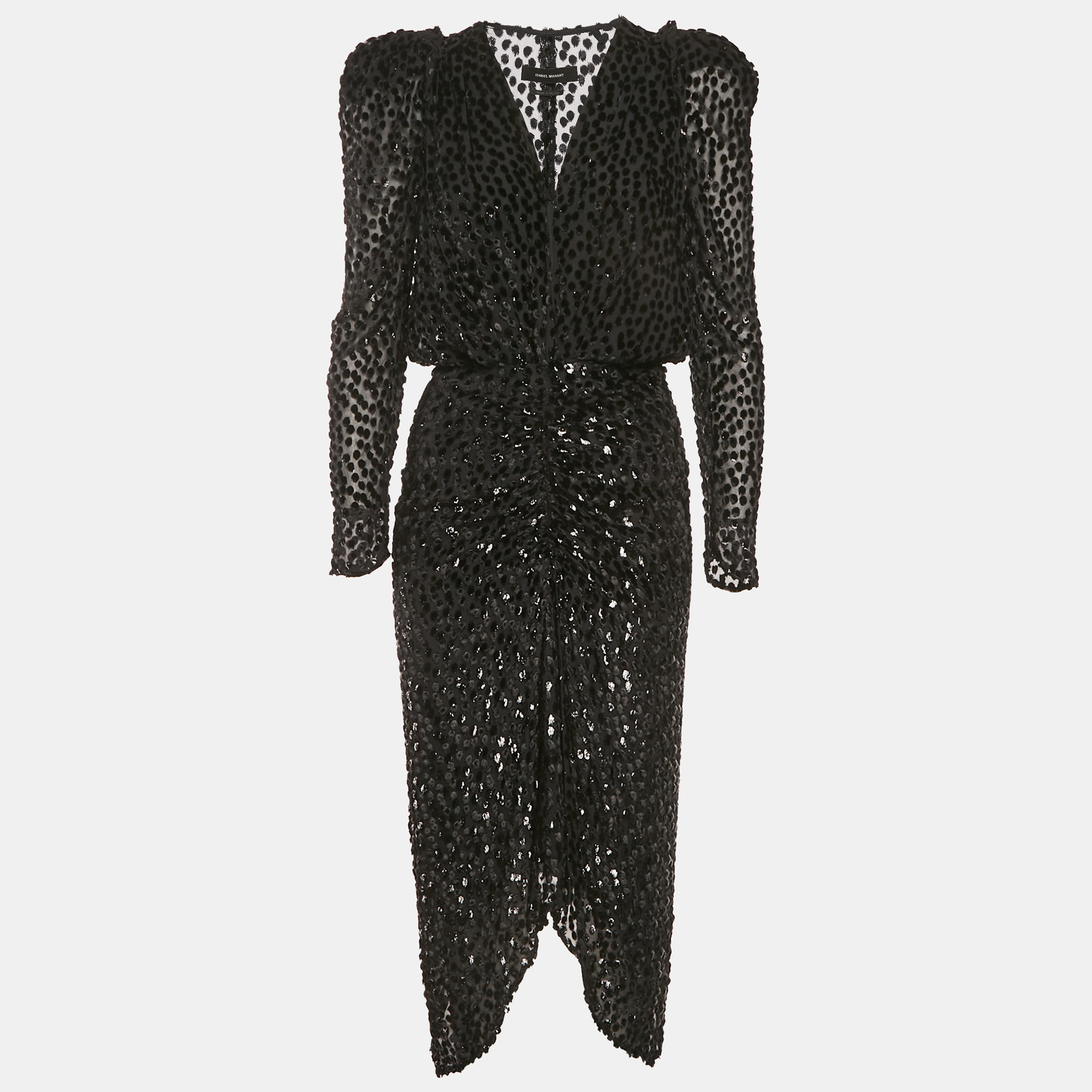 

Isabel Marant Black Dot Devore Plunge Neck Ruched Midi Dress M