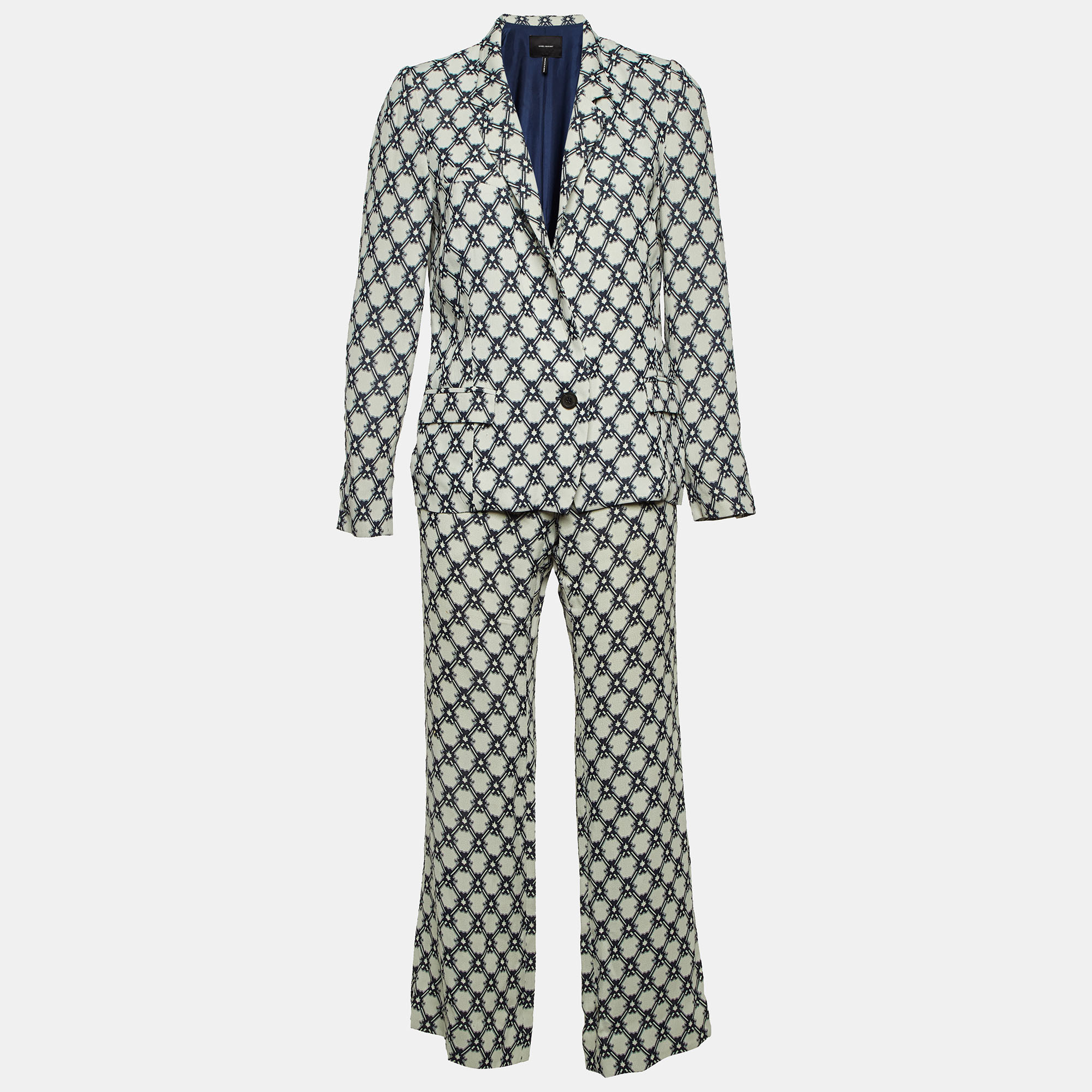 

Isabel Marant Off-White & Navy Blue Patterned Crepe Blazer & Pant Suit M