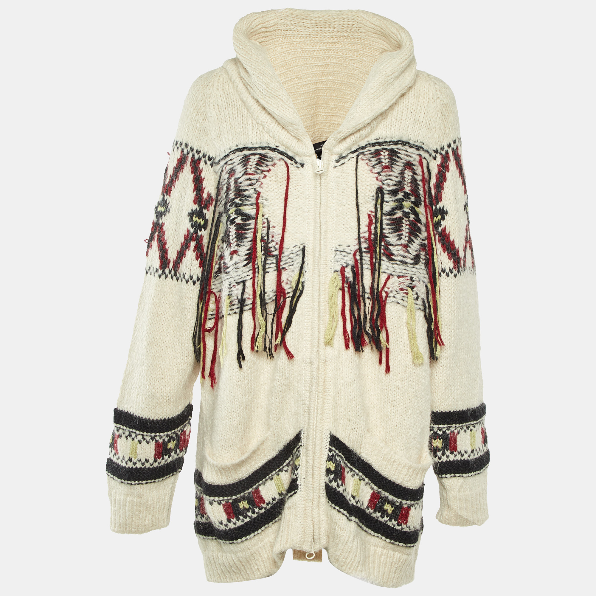 Pre-owned Isabel Marant Off White Intarsia Knit Fringed Zip-up Yosemite Cardigan Xs