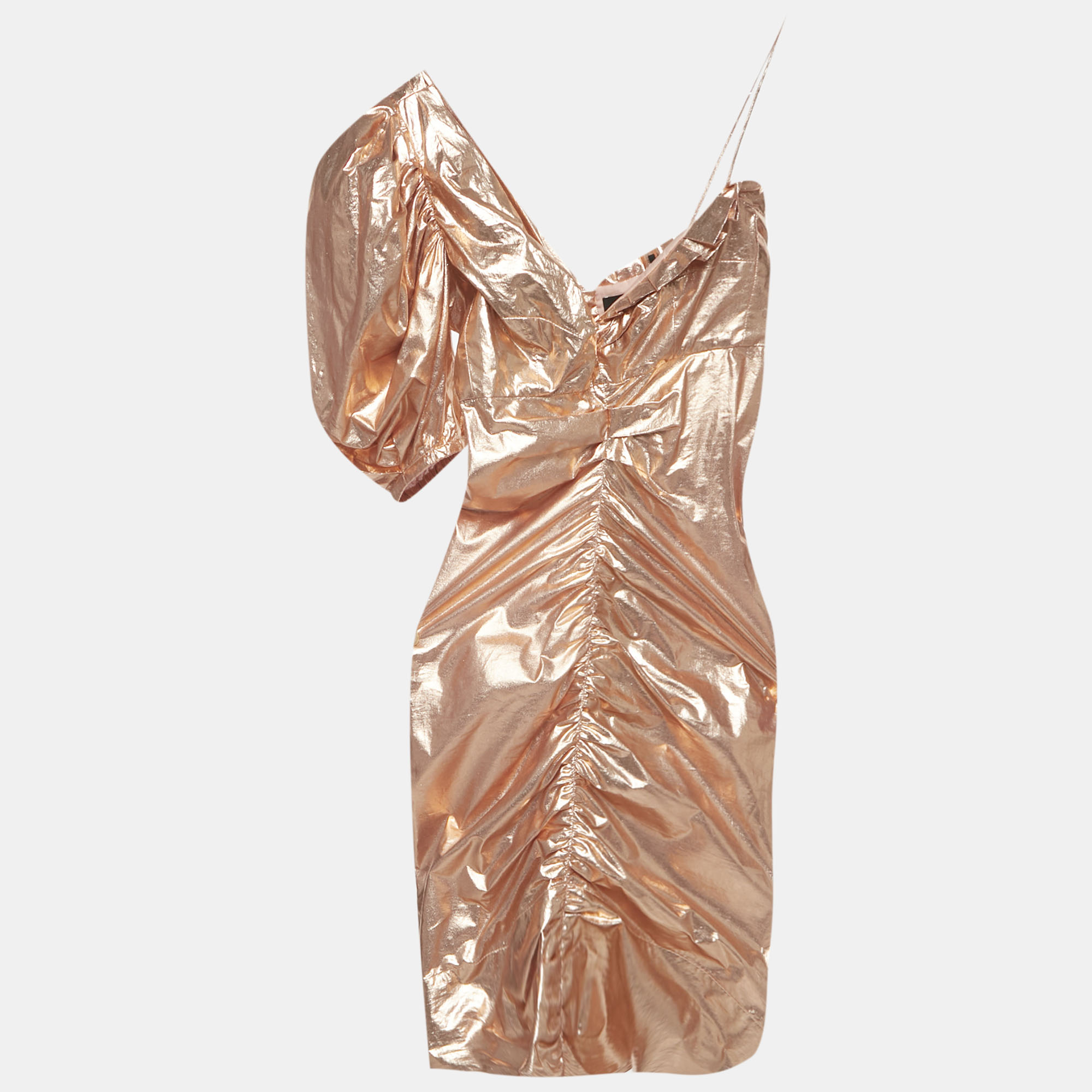 Pre-owned Isabel Marant Rose Gold Metallic Cotton One Shoulder Ruched Mini Dress S In Silver