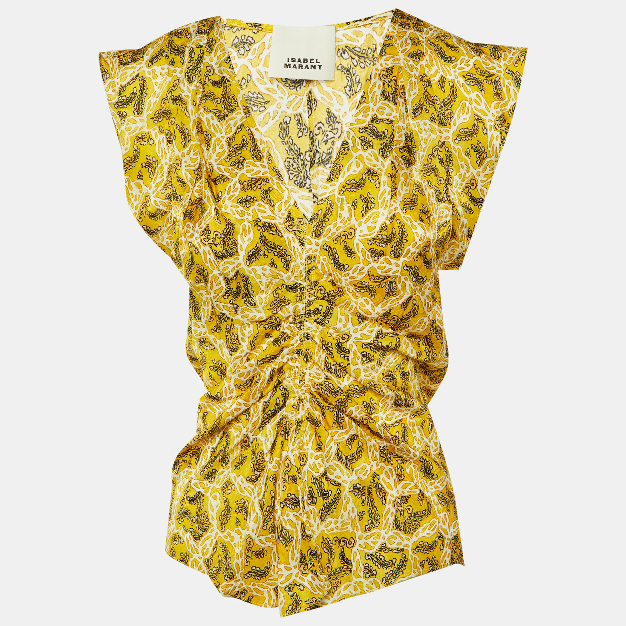 

Isabel Marant Yellow Printed Silk Lonea Ruched Top S