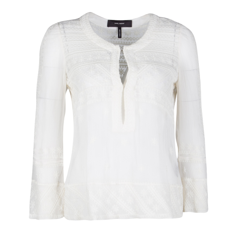 Pre Owned Isabel Marant White Embroidered Crinkled Silk Sheer Top S