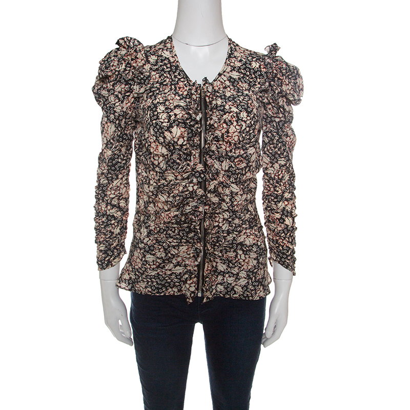 Pre Owned Isabel Marant Wildflower Printed Ruched Silk Zip Front Bali Blouse M