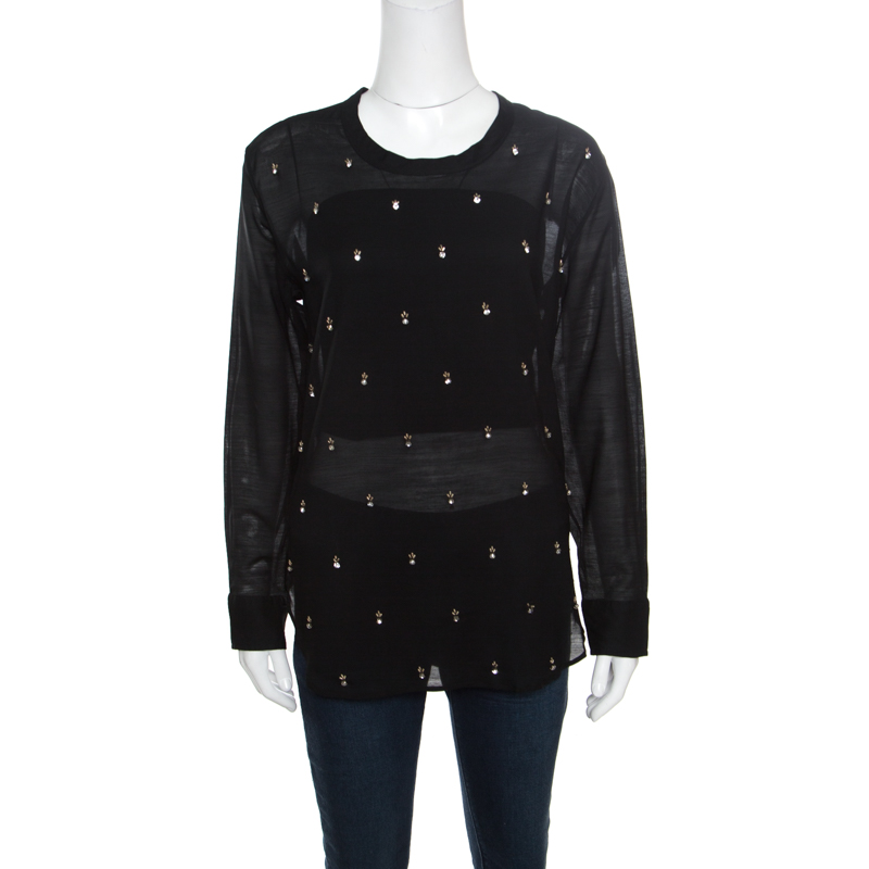 Pre Owned Isabel Marant Black Sheer Silk Crystal Embellished Long Sleeve Golin Blouse S