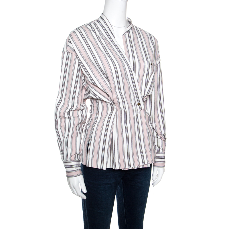 

Isabel Marant Pink and White Striped Cotton Jacquard Wrap Front Silvia Shirt