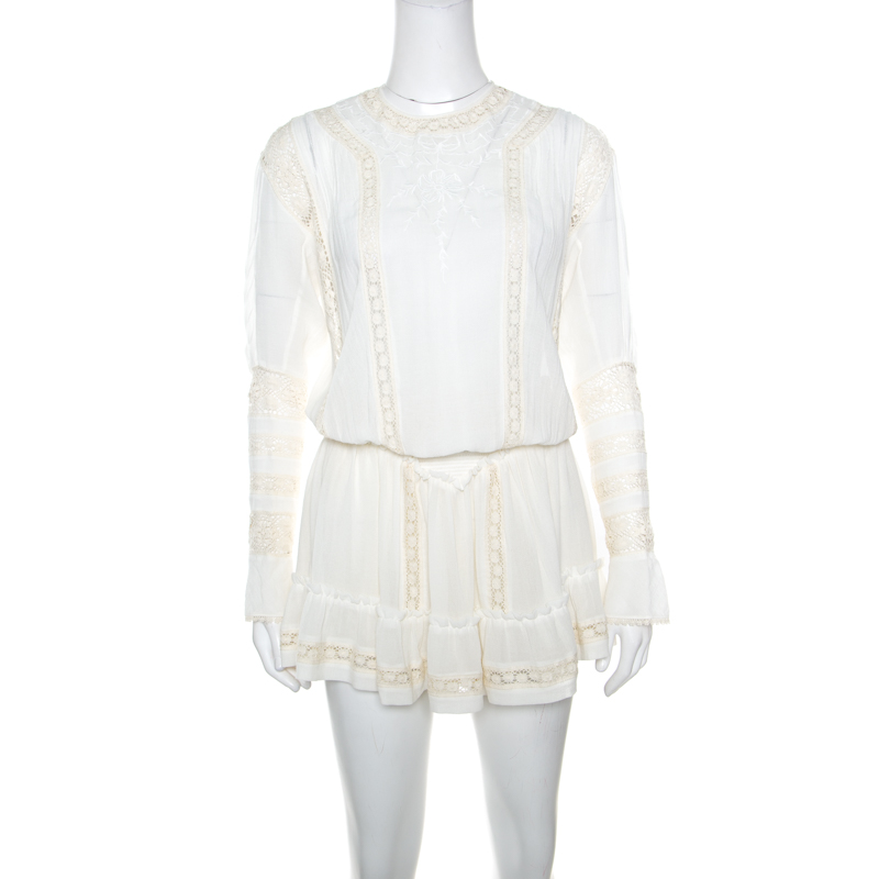 Pre Owned Isabel Marant Off White Cotton Smocked Waist Yoke Lace Peasant Dress S