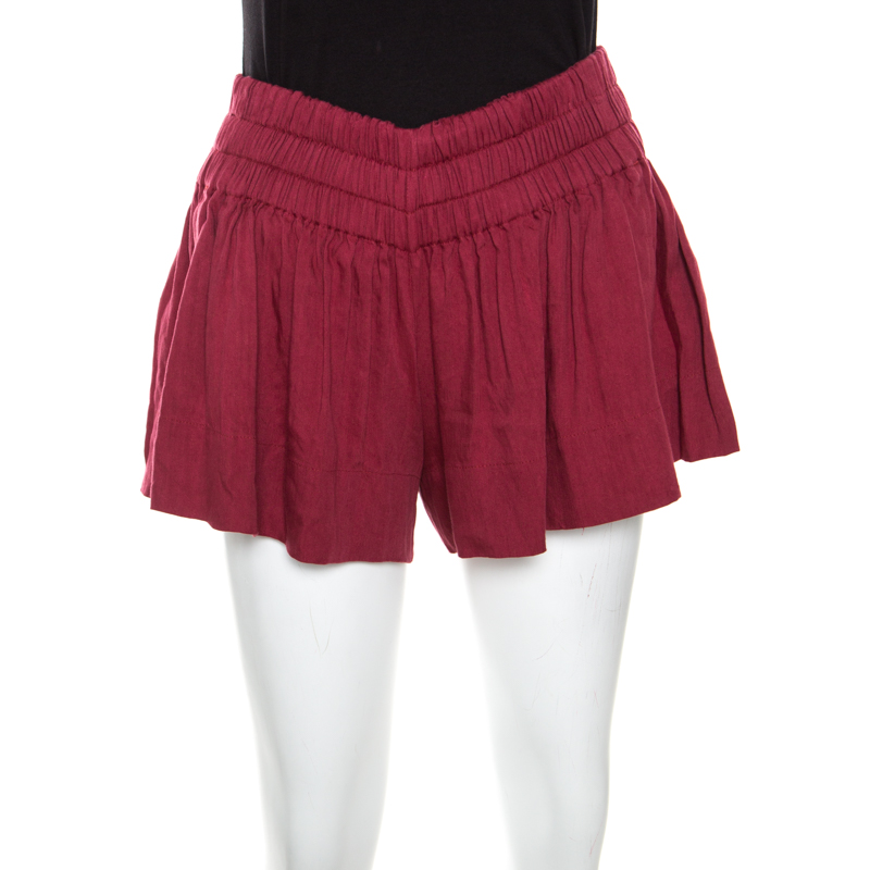 Isabel Marant Burgundy Linen Elasticized Waist Shorts S