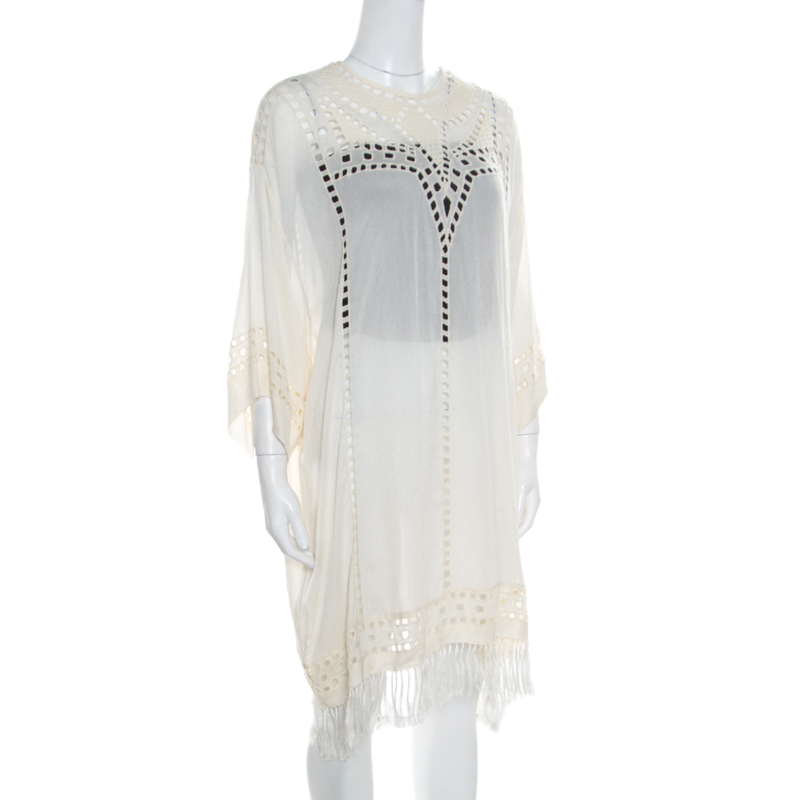 

Isabel Marant Etoile Cream Embroidered Ladder Lace Insert Tasseled Hem Kaftan