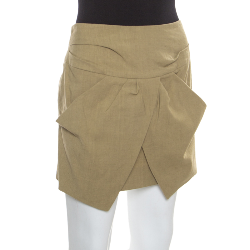 

Isabel Marant Olive Green Linen Pegged Pocket Detail Faux Wrap Mini Skirt