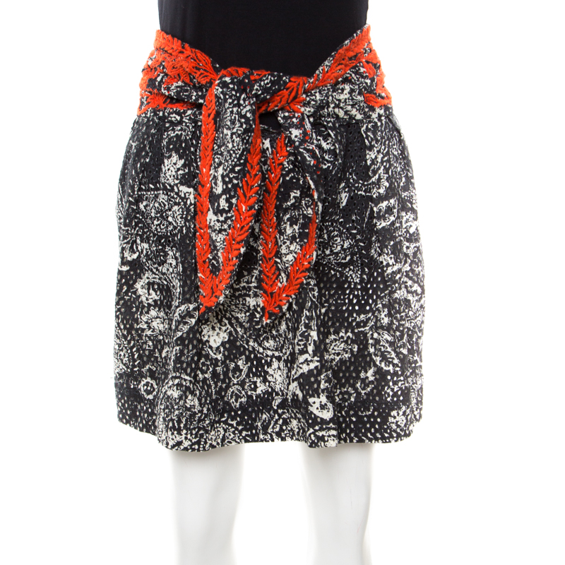

Isabel Marant Black and Red Eyelet Embroidered Cotton Tie Up Detail Pleated Skirt