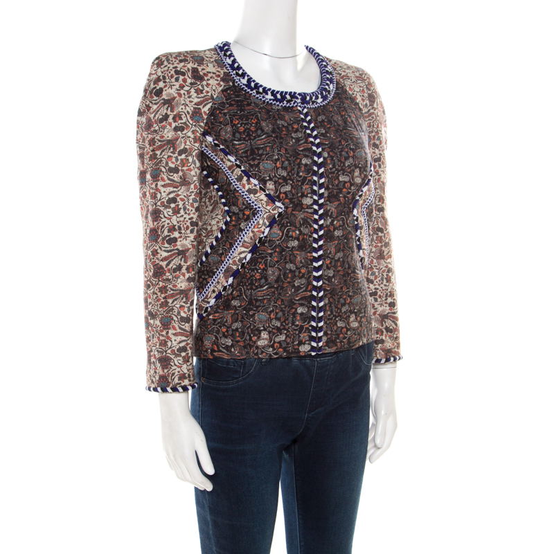 

Isabel Marant Multicolor Floral Printed Bead Trim Embellished Reilly Jacket