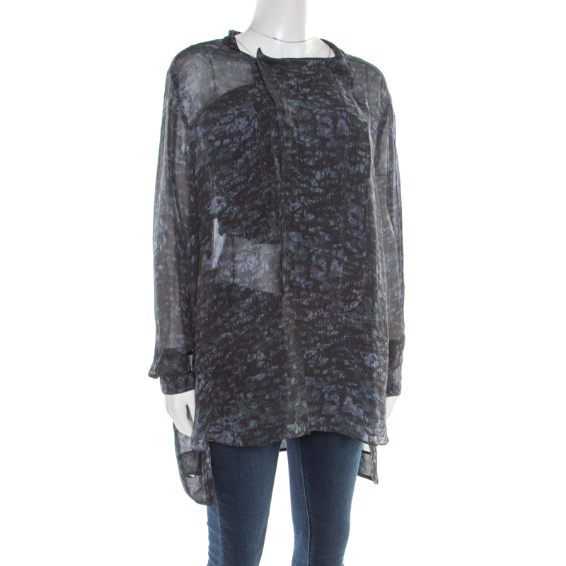 Pre-owned Isabel Marant Ash Black Abstract Print Sheer Silk Tunic Top L