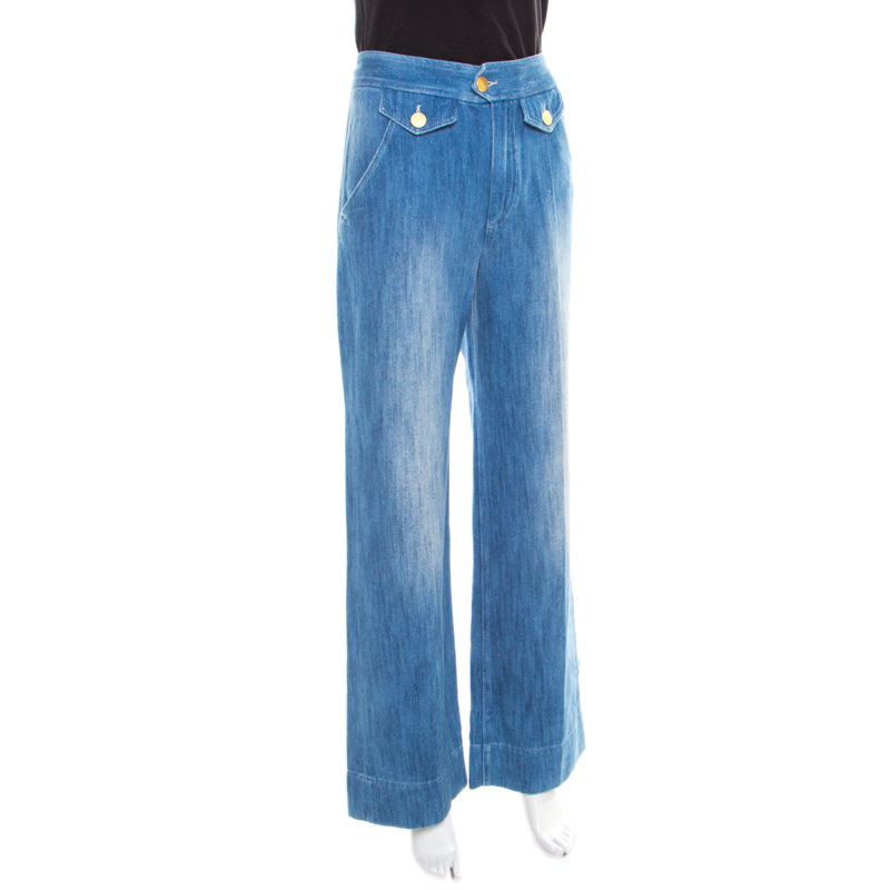

Isabel Marant Etoile Indigo Faded Effect Denim High Waist Flared Bottom Jeans, Blue