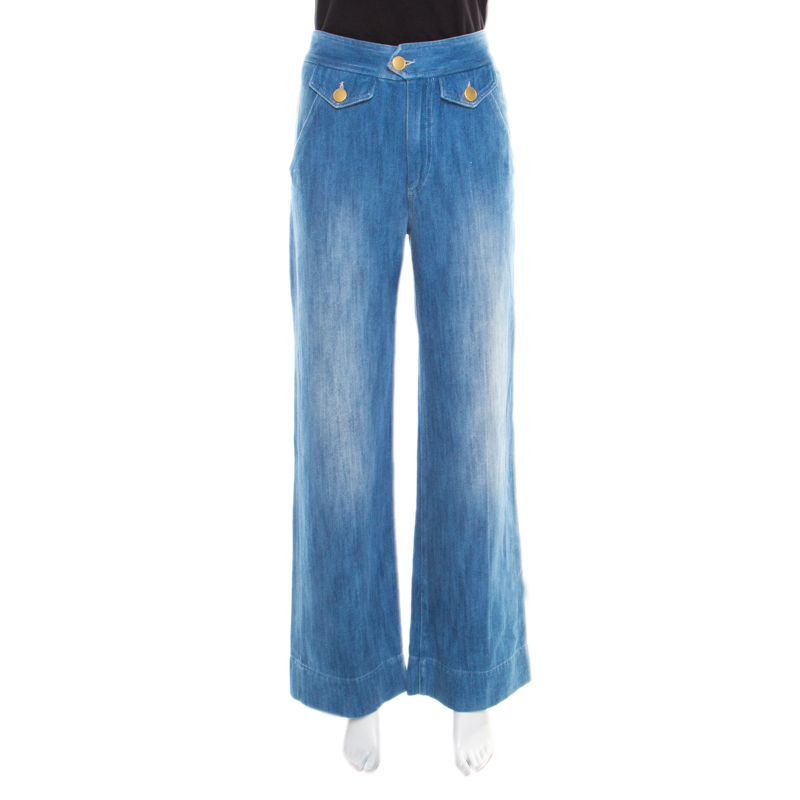 Isabel Marant Etoile Indigo Faded Effect Denim High Waist Flared Bottom Jeans M