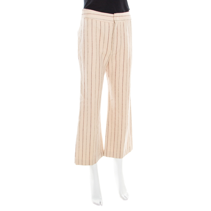 Pre-owned Isabel Marant Beige Striped Linen And Wool Flared Keroan Cropped Pants S