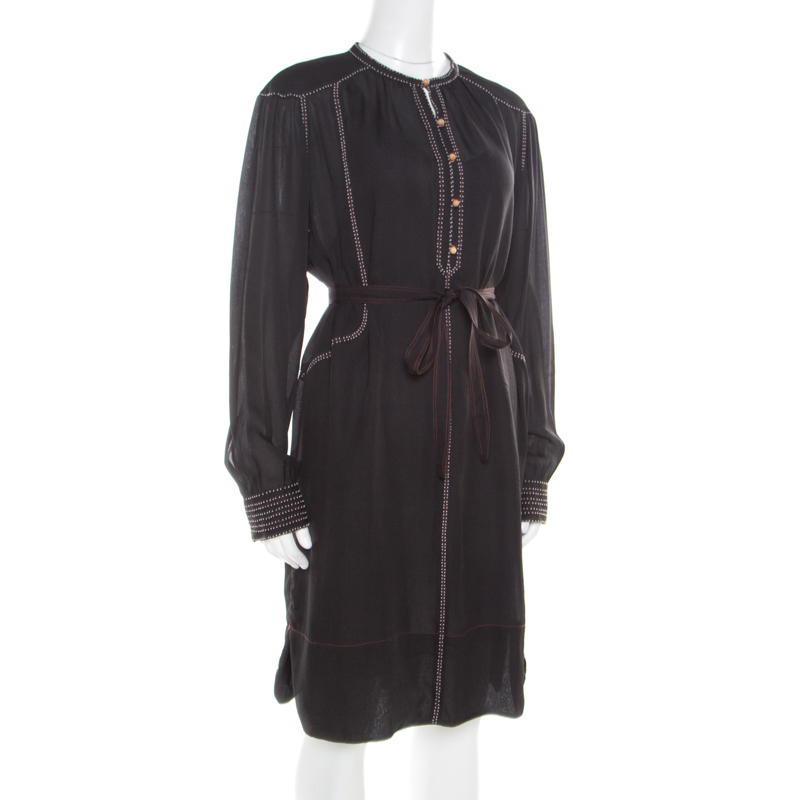 

Isabel Marant Black Silk Beaded Belted Long Sleeve Dress