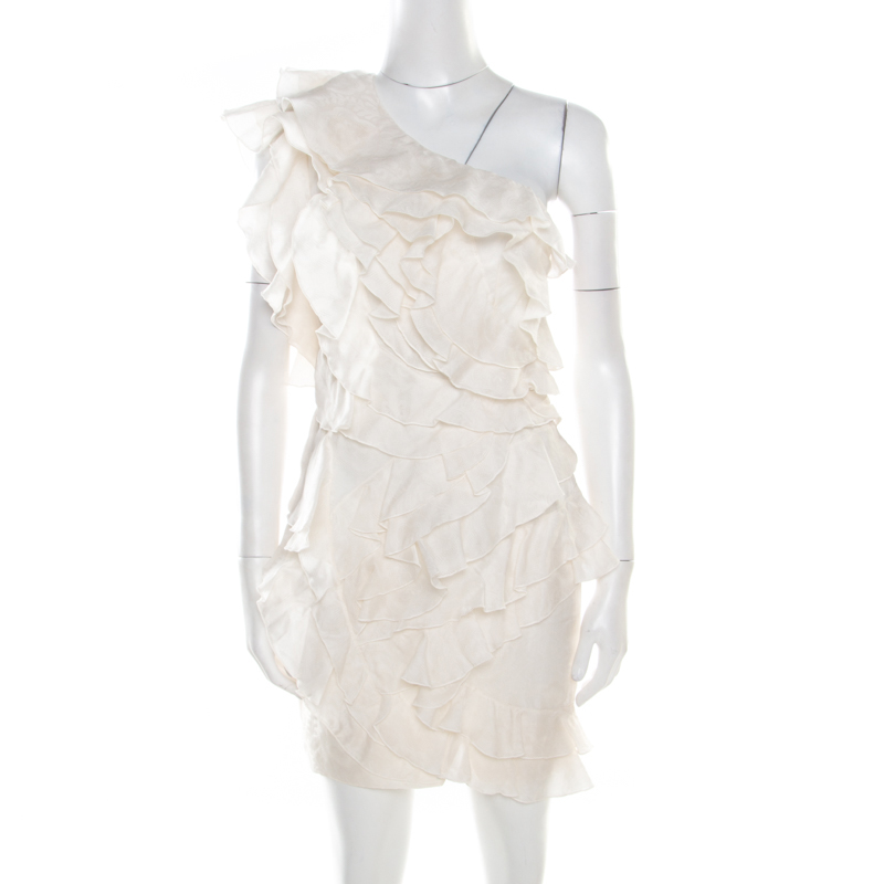 

Isabel Marant Off White Floral Patterned Silk Ruffled Tiered One Shoulder Dress