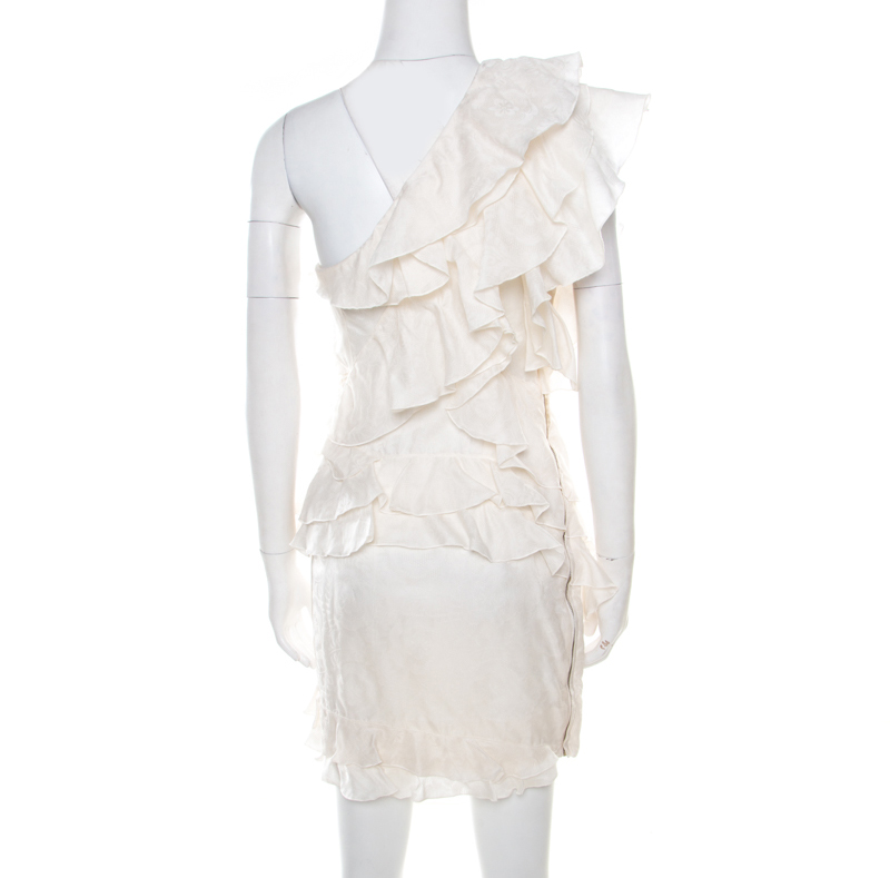 Pre-owned Isabel Marant Off White Floral Patterned Silk Ruffled Tiered One Shoulder Dress S