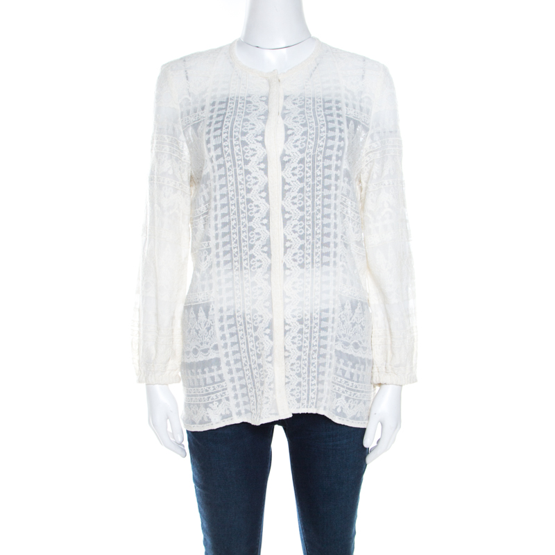 

Isabel Marant Off White Embroidered Voile Long Sleeve Shirt M