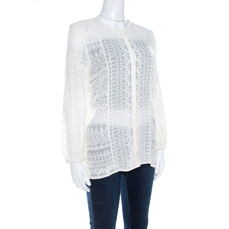 Pre-owned Isabel Marant Off White Embroidered Voile Long Sleeve Shirt M