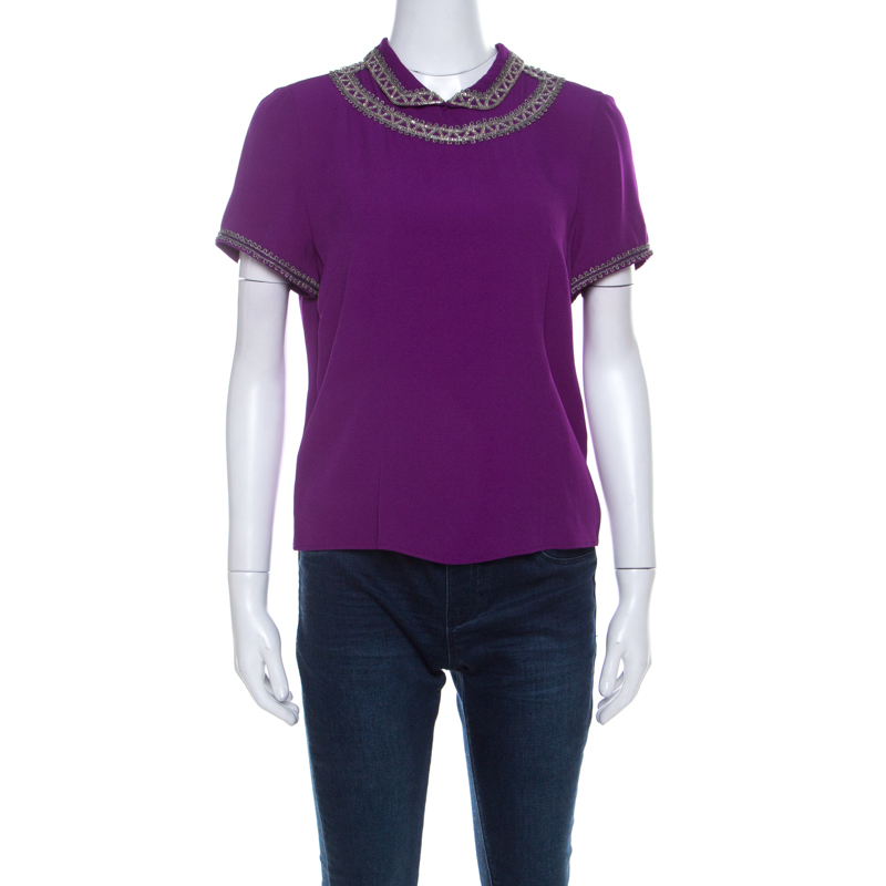 

Isabel Marant Purple Silk Embellished Collar Half Sleeve Top
