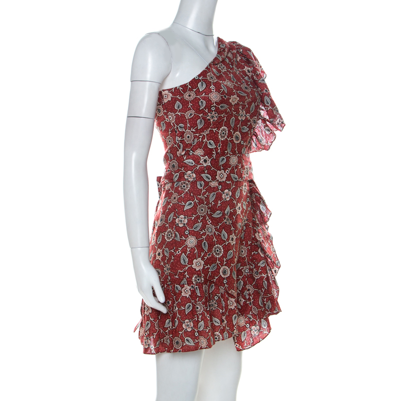 

Isabel Marant Etoile Brick Red Paisley Print Linen One Shoulder Ruffle Mini Teller Dress