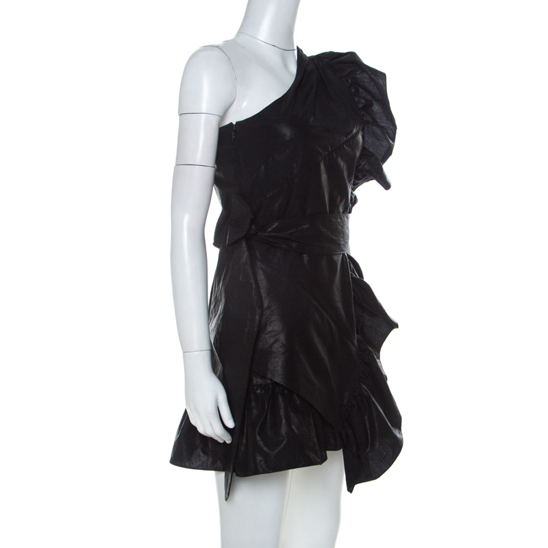 

Isabel Marant Black Linen One Shoulder Belted Flounce Mini Dress