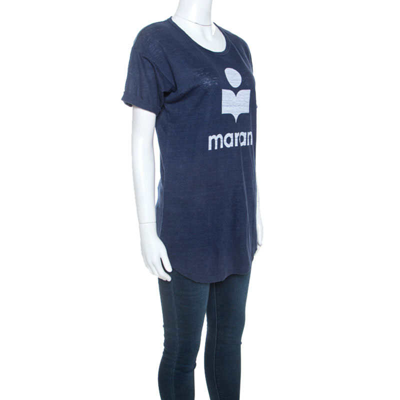 

Isabel Marant Navy Blue Moby Logo Printed Linen T-shirt