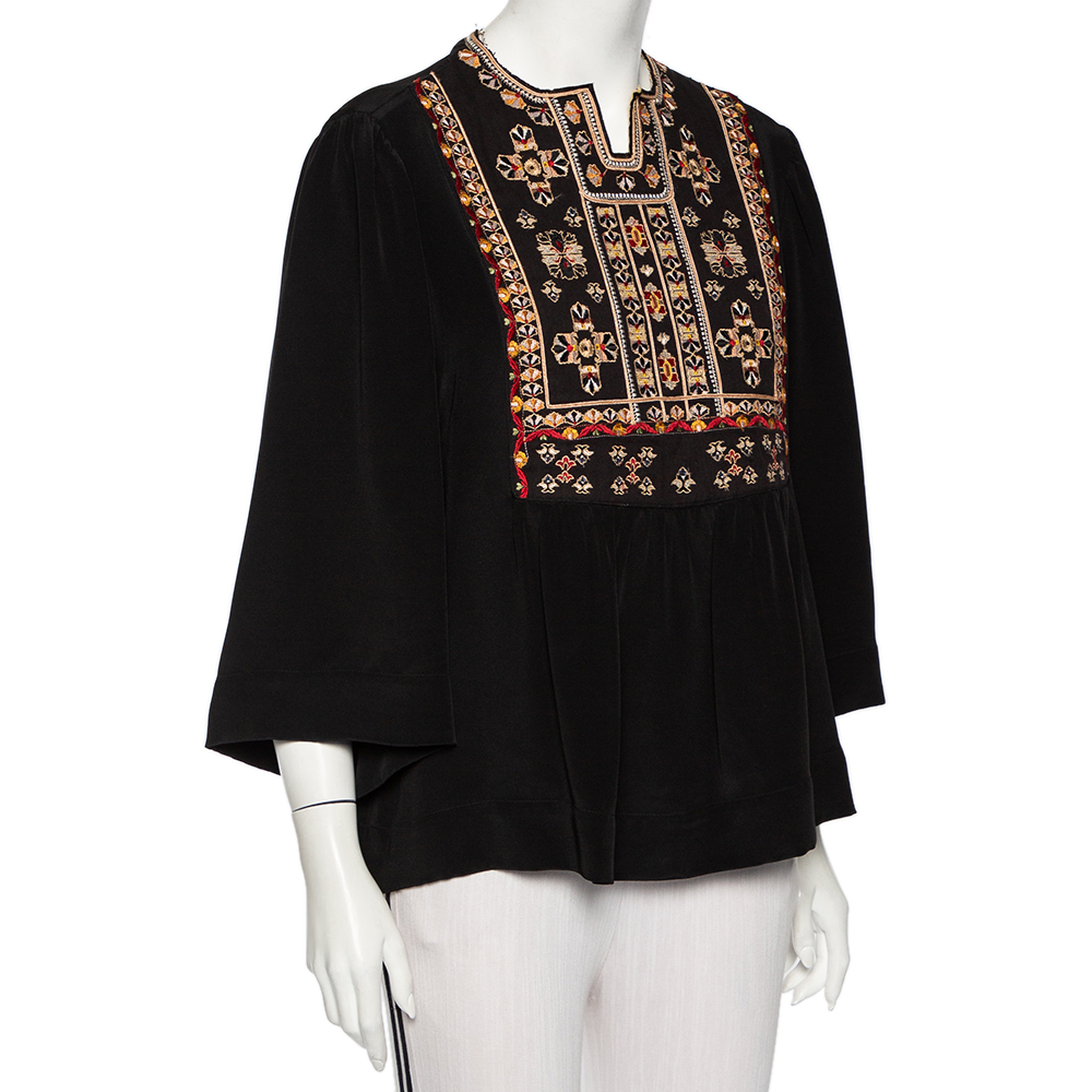

Isabel Marant Black Silk Embroidered Roma Top